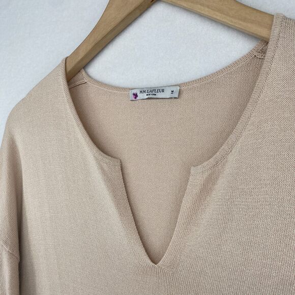 MM. LAFLEUR Sweater M Cotton Viscose Tunic Split Neck 3/4 Sleeve Pullover Beige - Picture 2 of 15